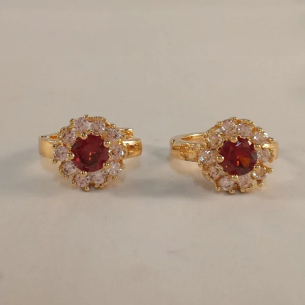 18K Yellow Gold Filled Flower Garnet Red Diamond Zircon Hoop Huggie Earrings